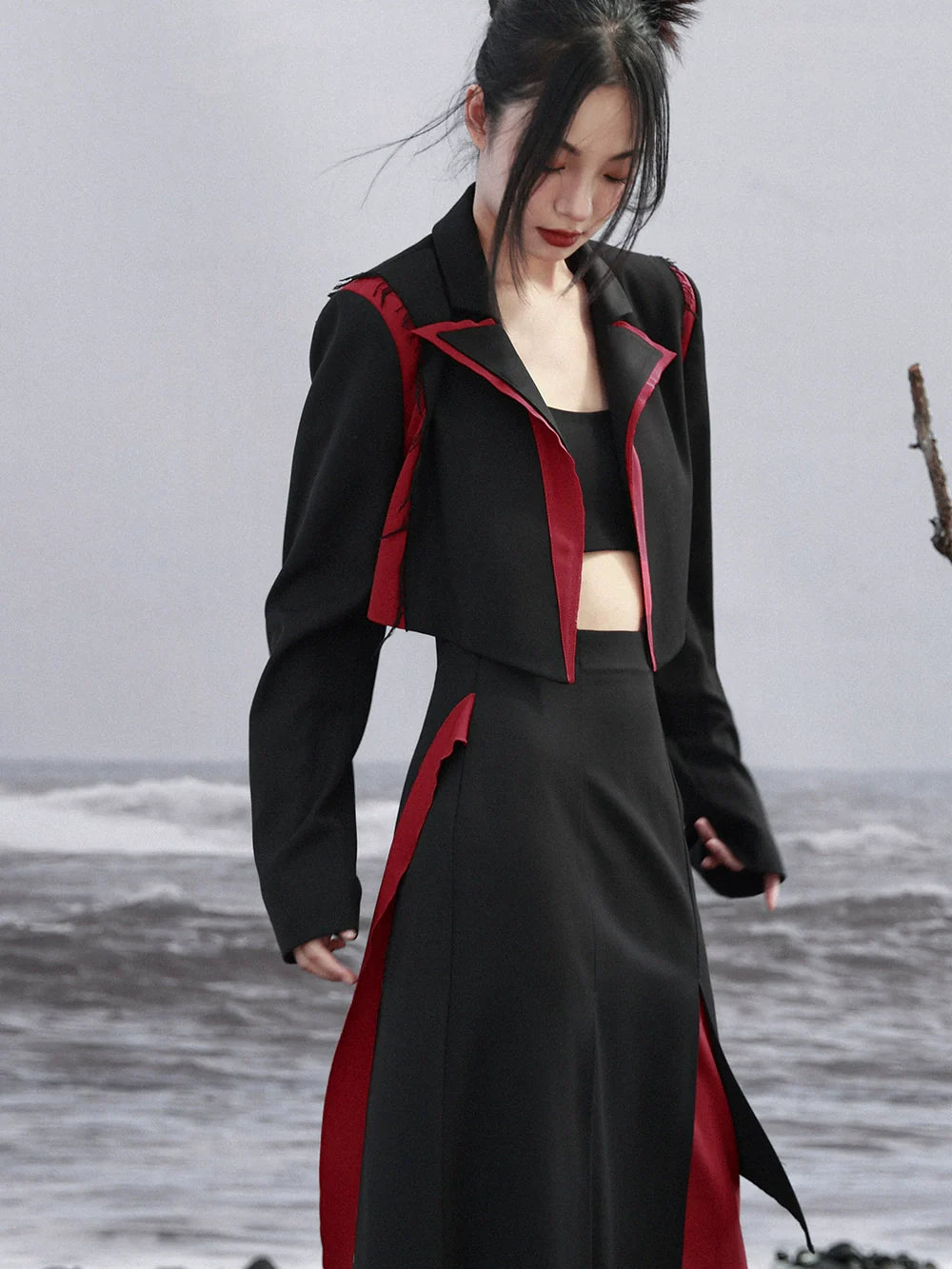 Farbiger Blazerstich, einfaches Oberteil mit hoher Kontrasttaille