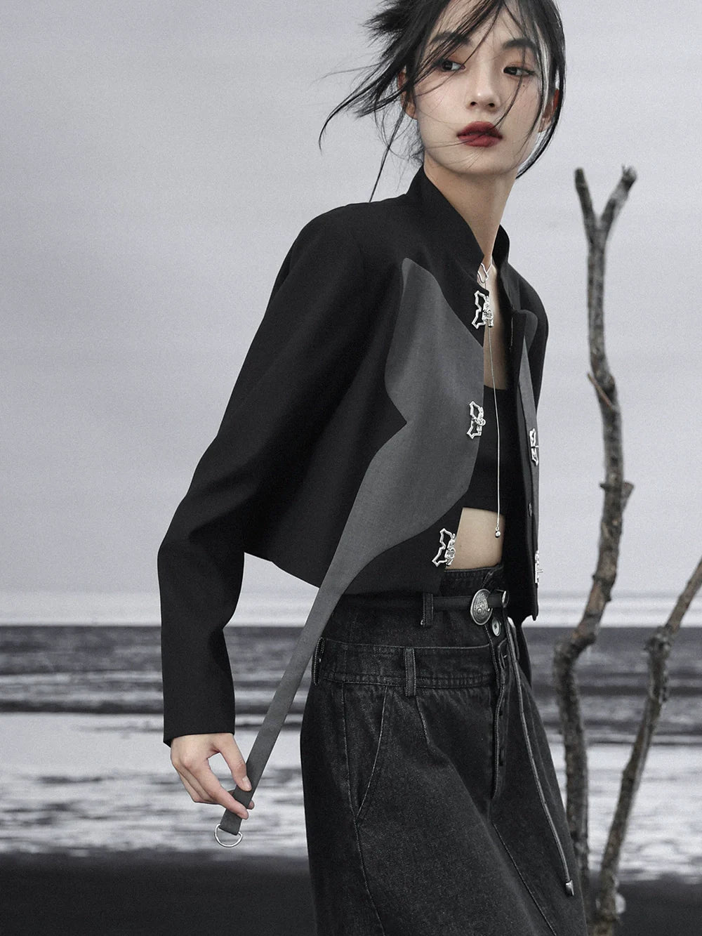 Zweifarbiges silbernes Top mit kurzem Design und Schmetterling