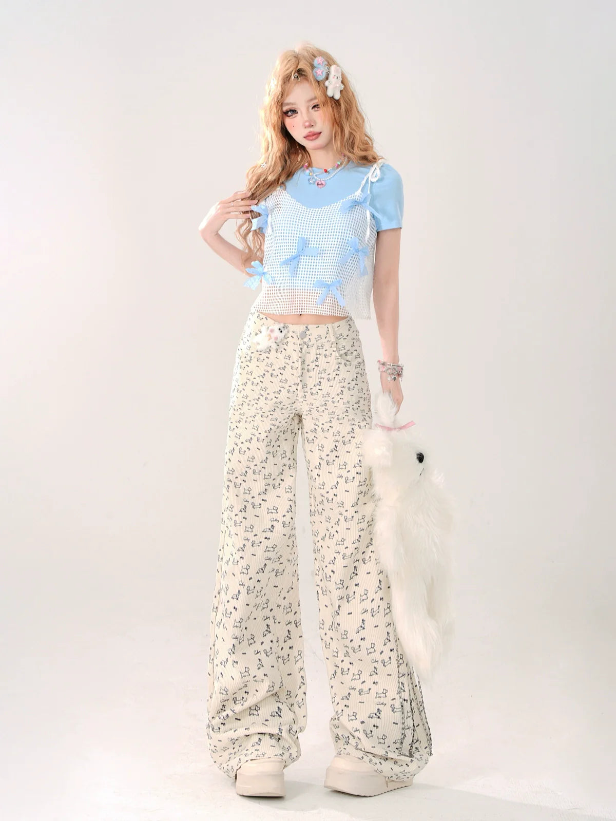 T-Shirt Zweiteiler Mesh Faux Short Ribbon Blau