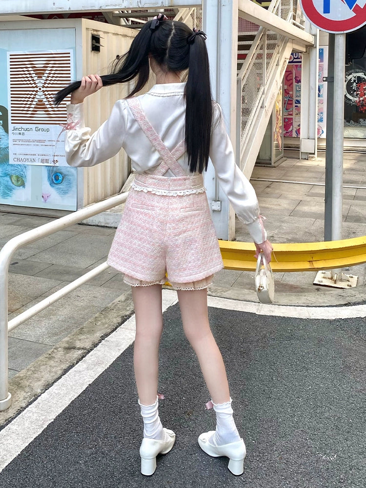 Mädchen Bluse Hose Rosa Hosenträger Pure Tweed