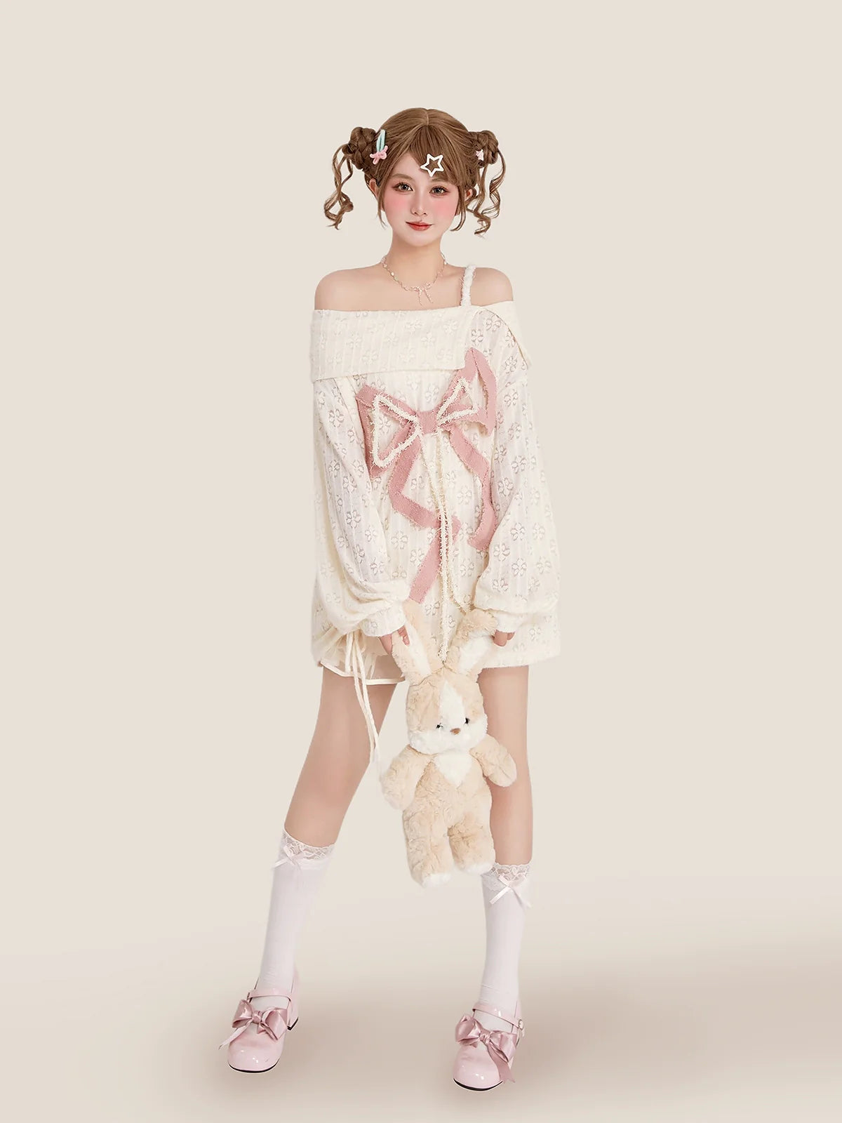 オフショルダーデザインガーリードレス リボンビッグ