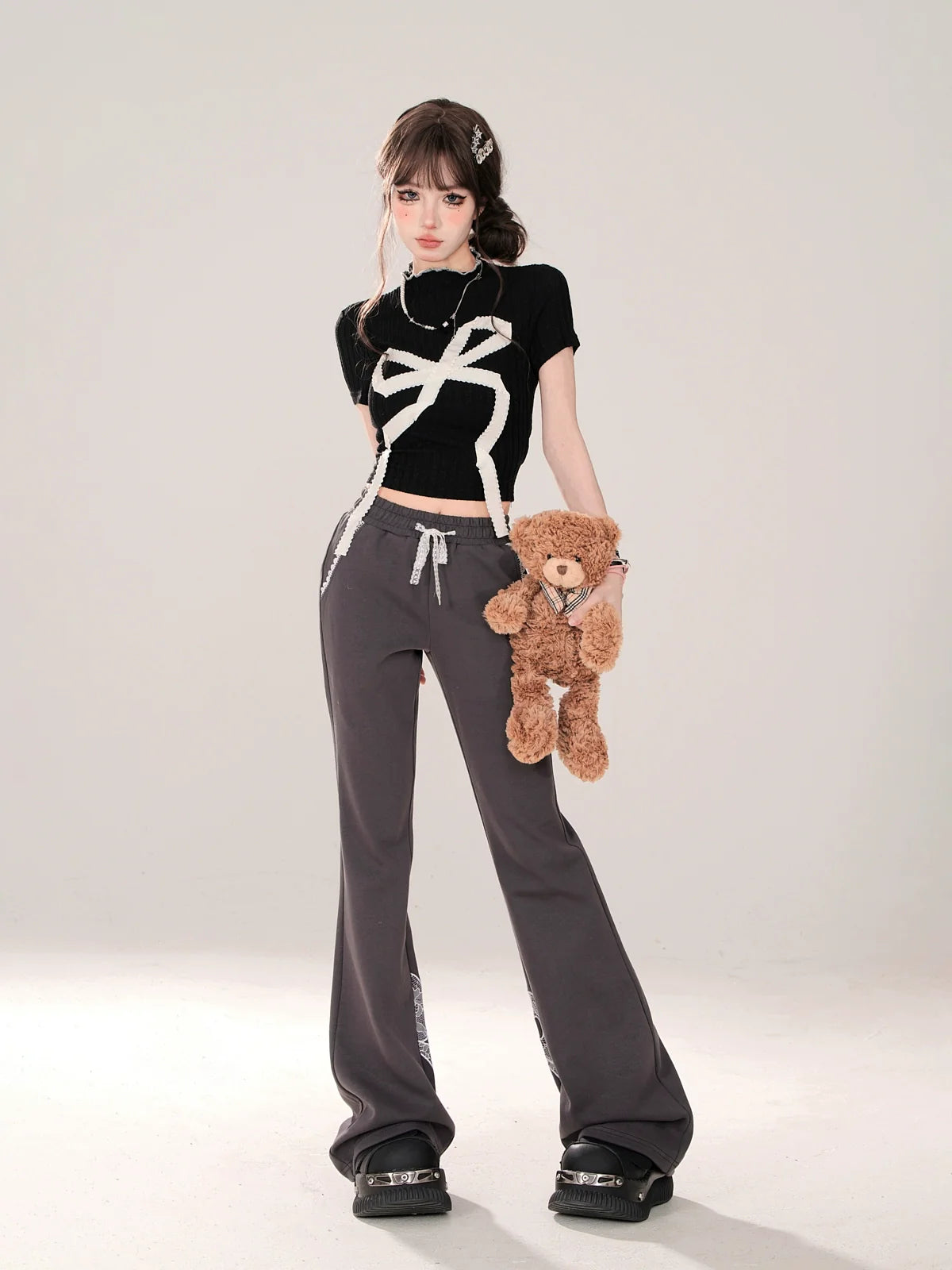 Niche Lace Design Casual Gray Ribbon Pants