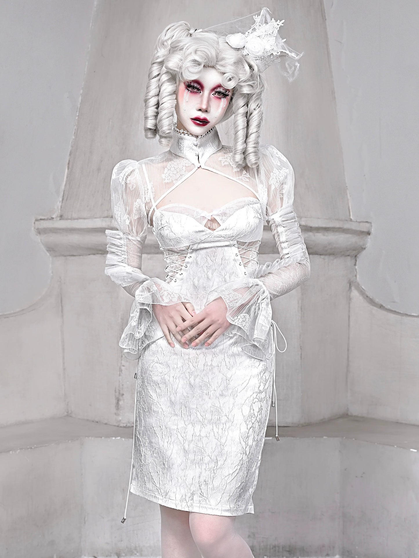 スリーピングスタンドゴシックカラーシフォンジャケットパフホワイトショートアリスシアースリーブ