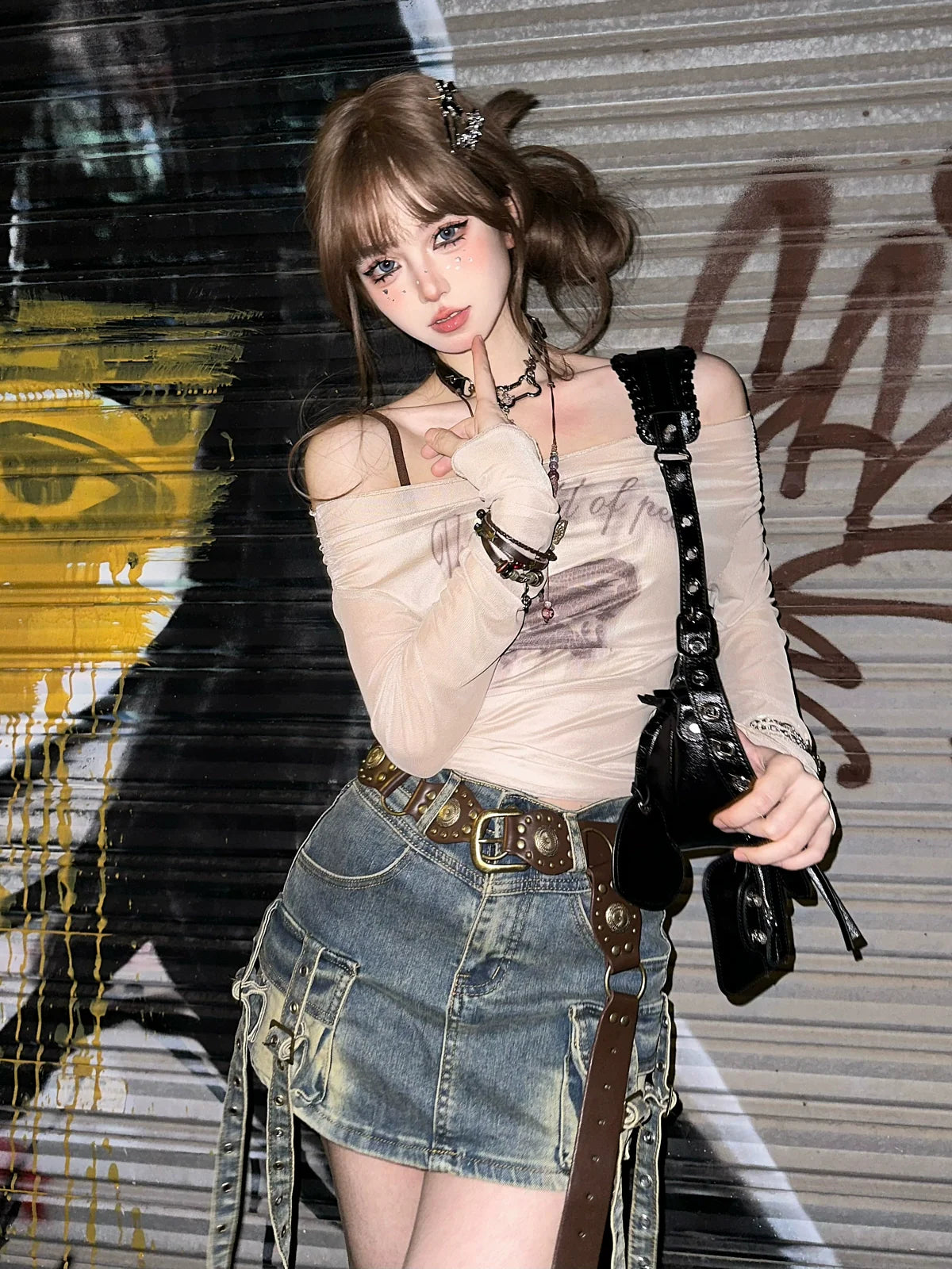 ポケットデニムレトロブルーカーフスカートOsh