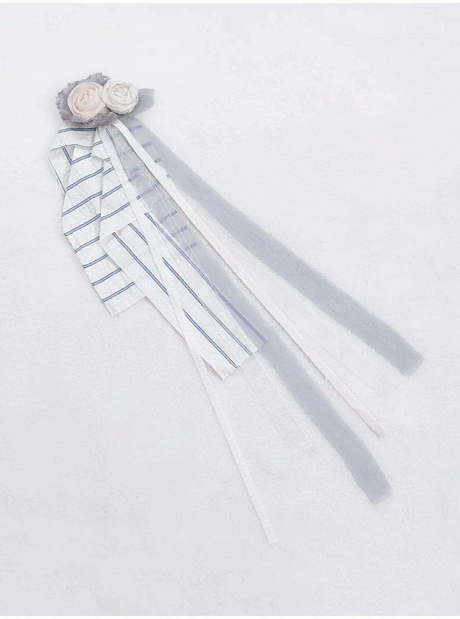 レースハンドメイドスリーブパフシースルーシャツフリルストライプショルダーフェアリー+ドレスインナーコサージュ