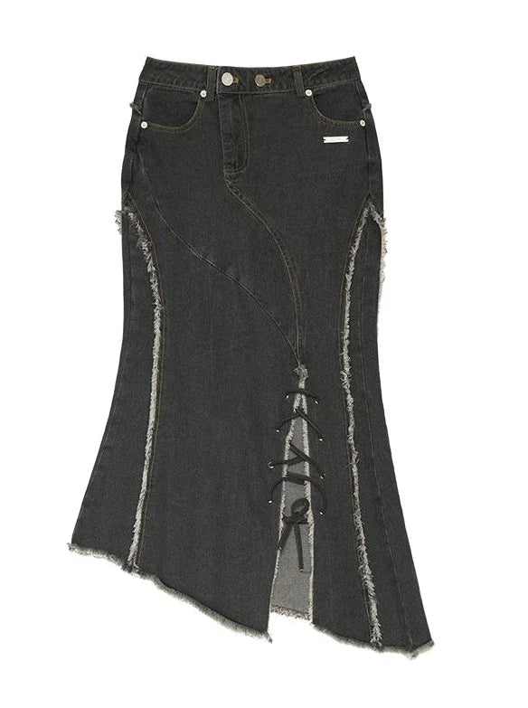Schlitz Asymmetrischer Damaged Rock Denim Retro
