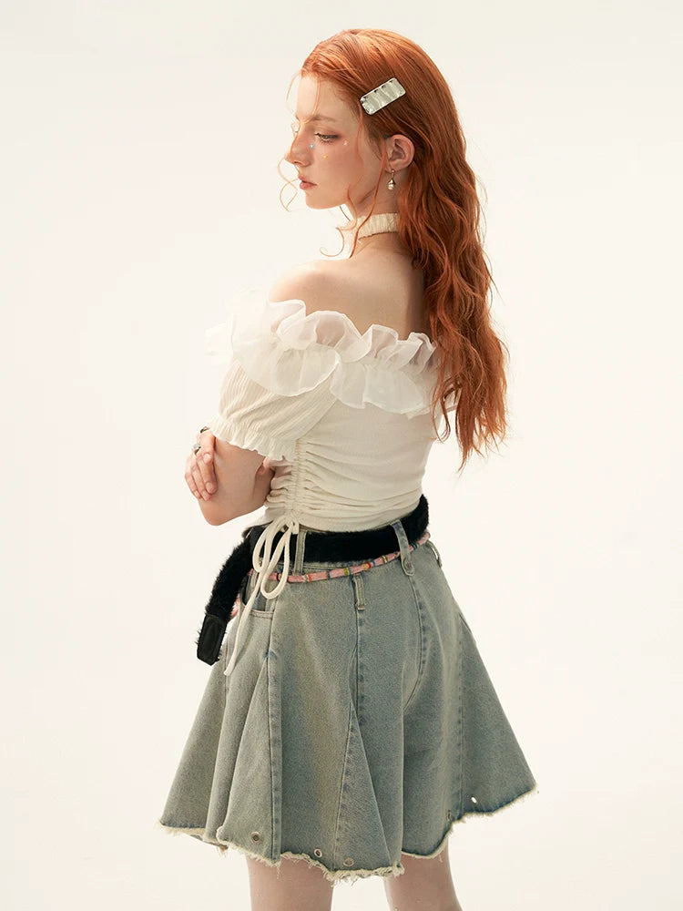 Spitzentop mit Schulterpartie und Tüll, hohes Blumenende, gestrickt