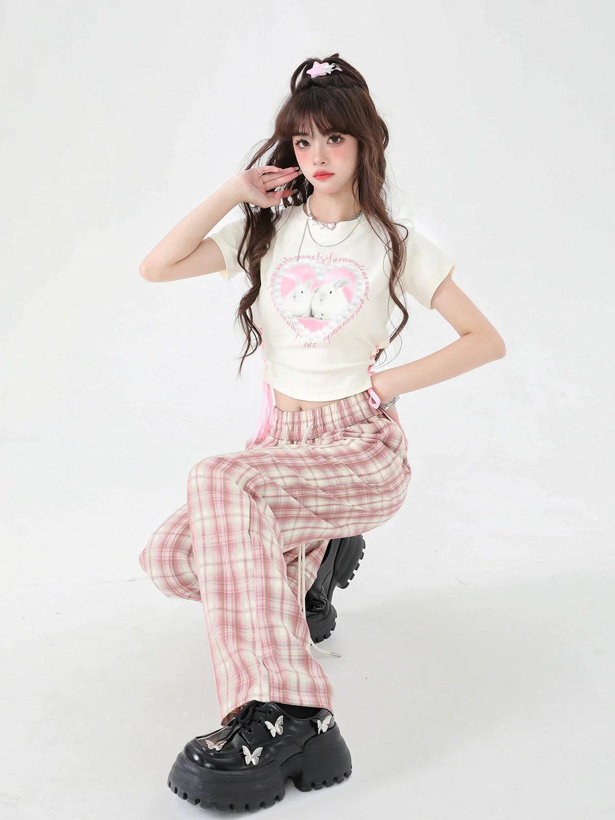 パンツ カジュアル チェック ピンク