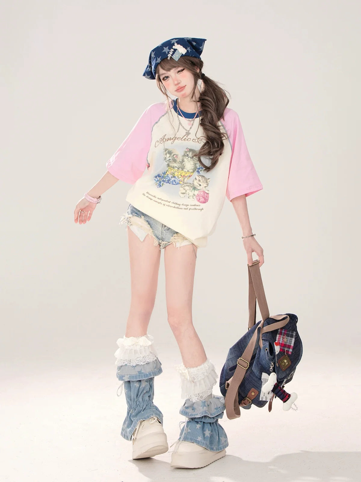 Loose Raglan T-Shirt Print Cat Cute