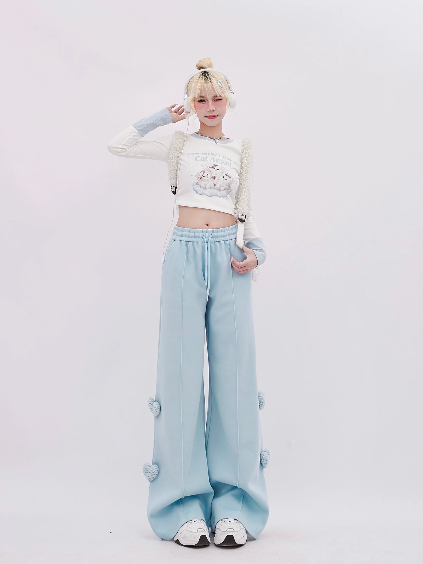 Blue Casual Pop Pants Heart Wide
