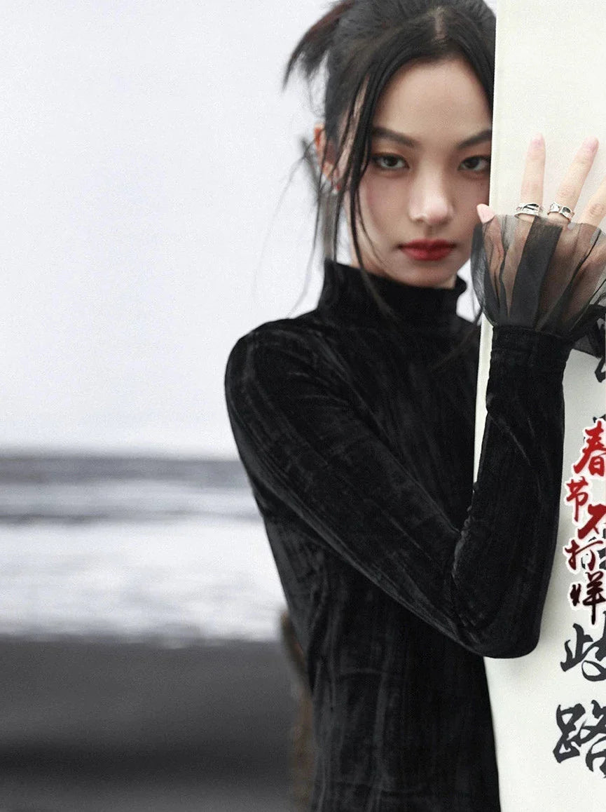 ベルベットダークタートルネックスプライシングシャツメッシュレトロ