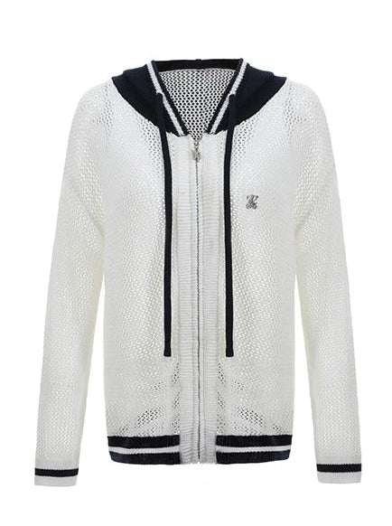 Kurzer/langer Hoodie aus transparentem Netzstrick mit Reißverschluss