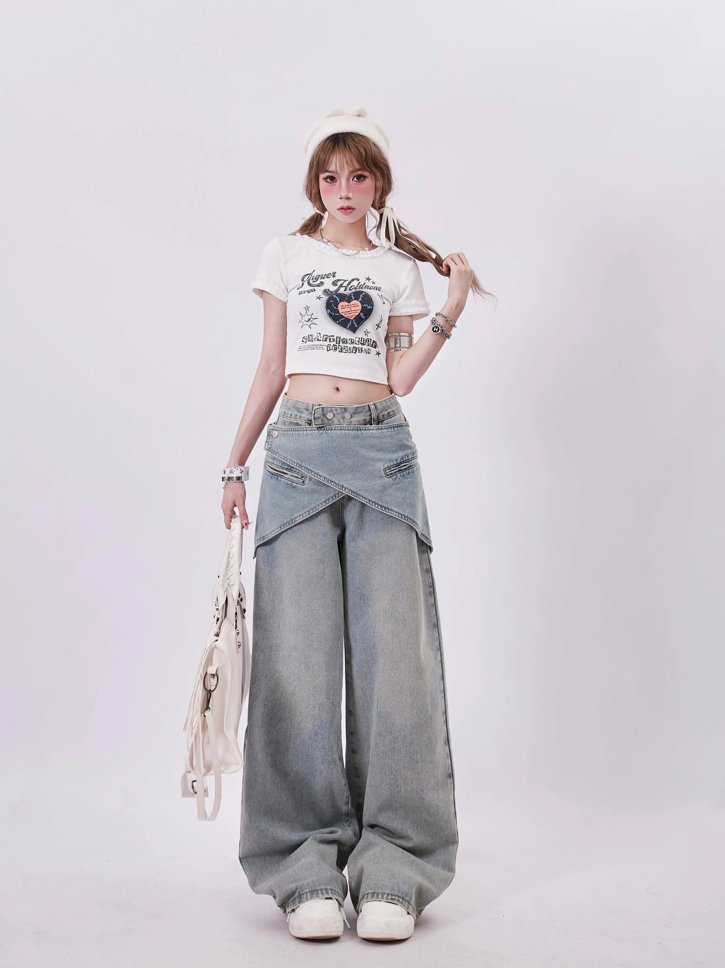 Cross Denim Waist Pants Wide