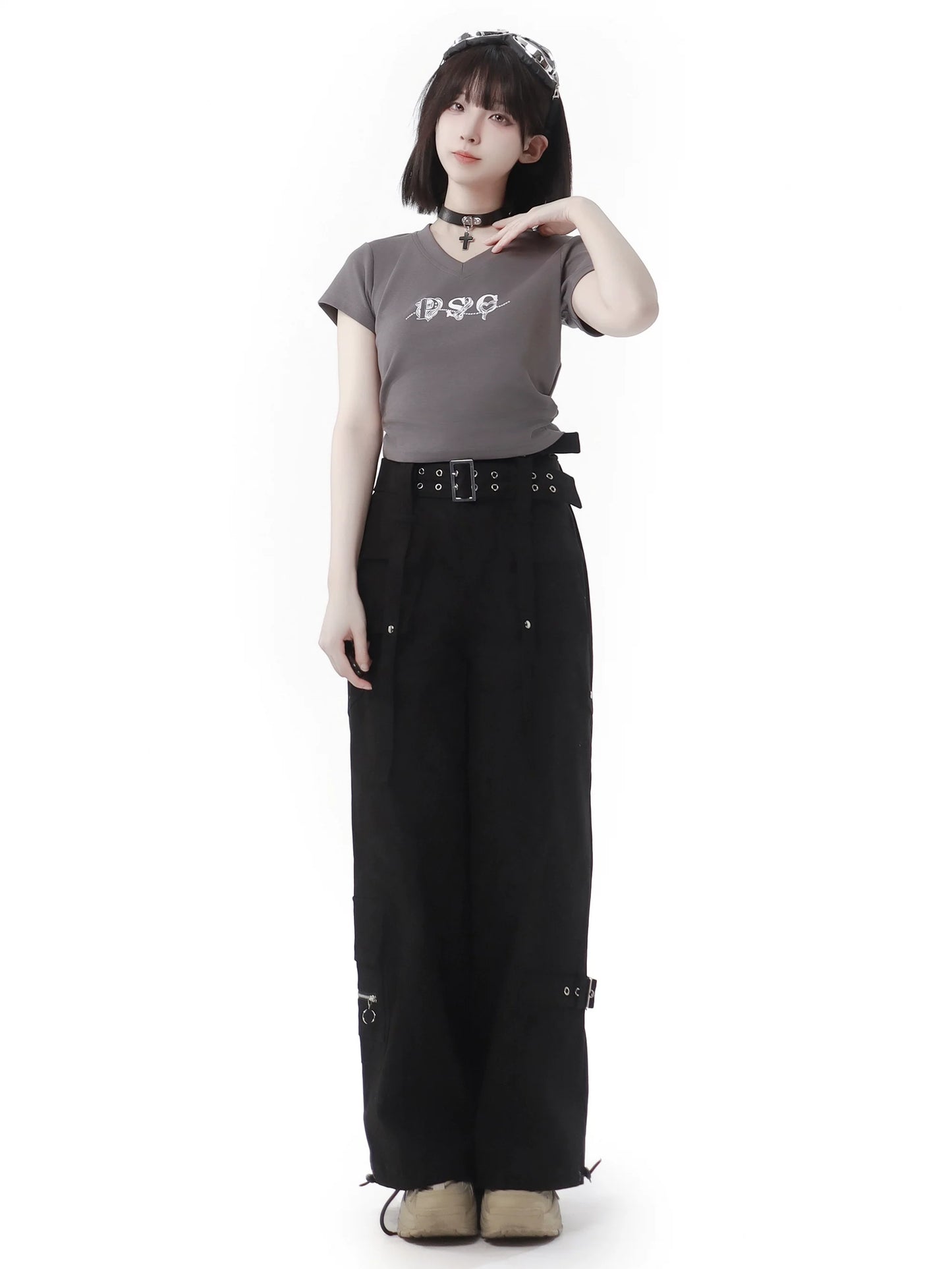 White Waist T-Shirt V-Neck Gray Slim