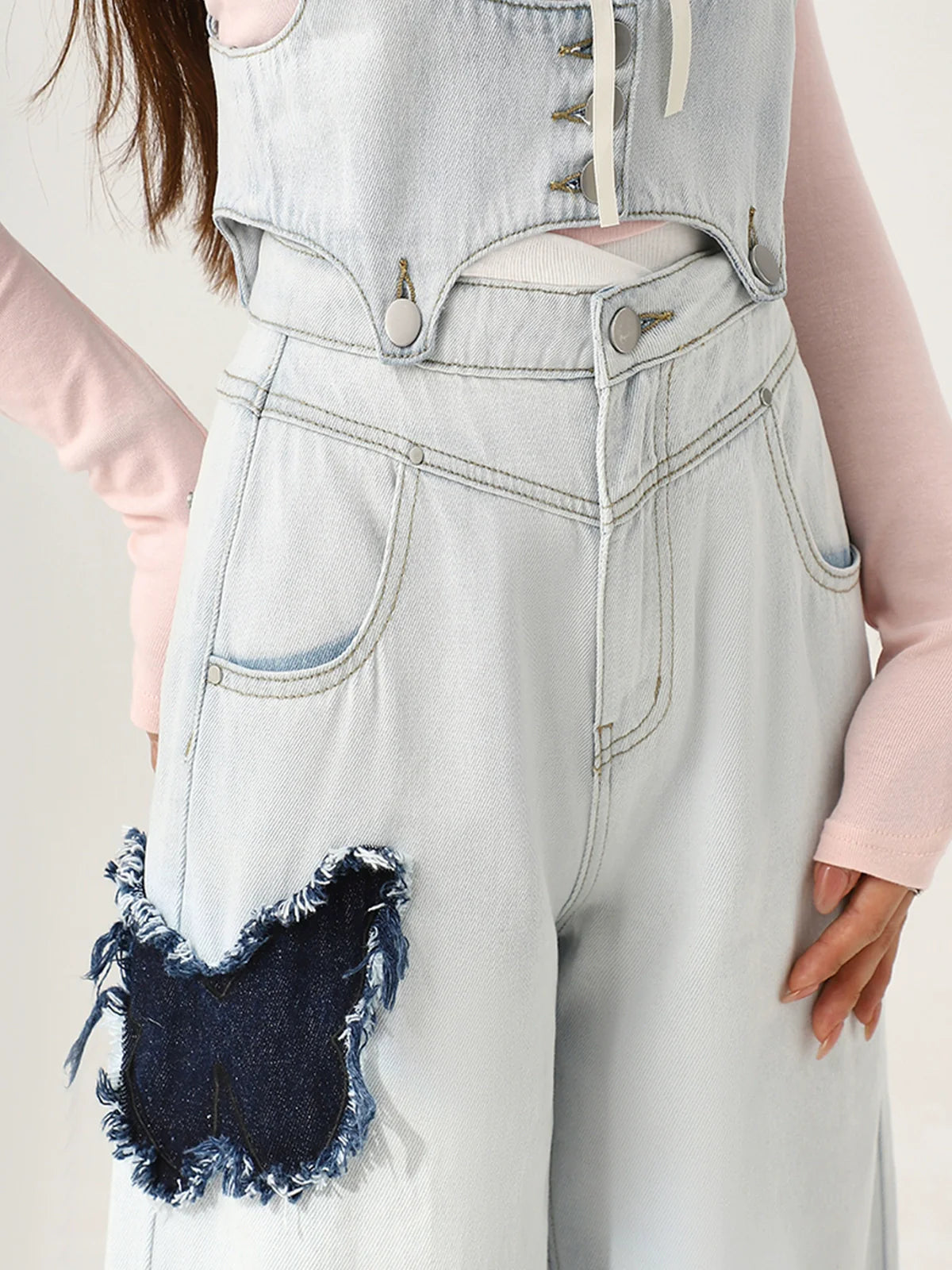 Loose Vest Jeans Denim Overalls Denim Butterfly + Patch