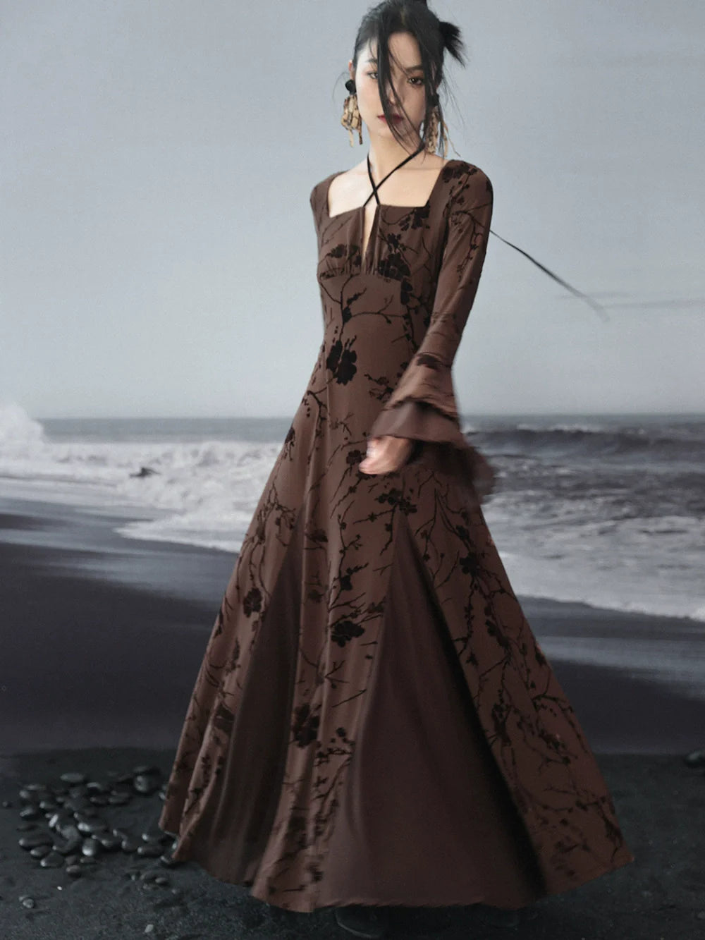 Dress Halter Neck Retro Jacquard Flower