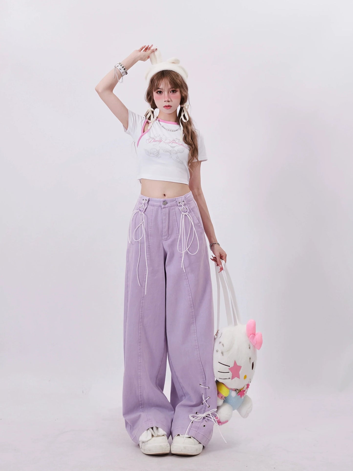 Hose Lila Schnürung Weit