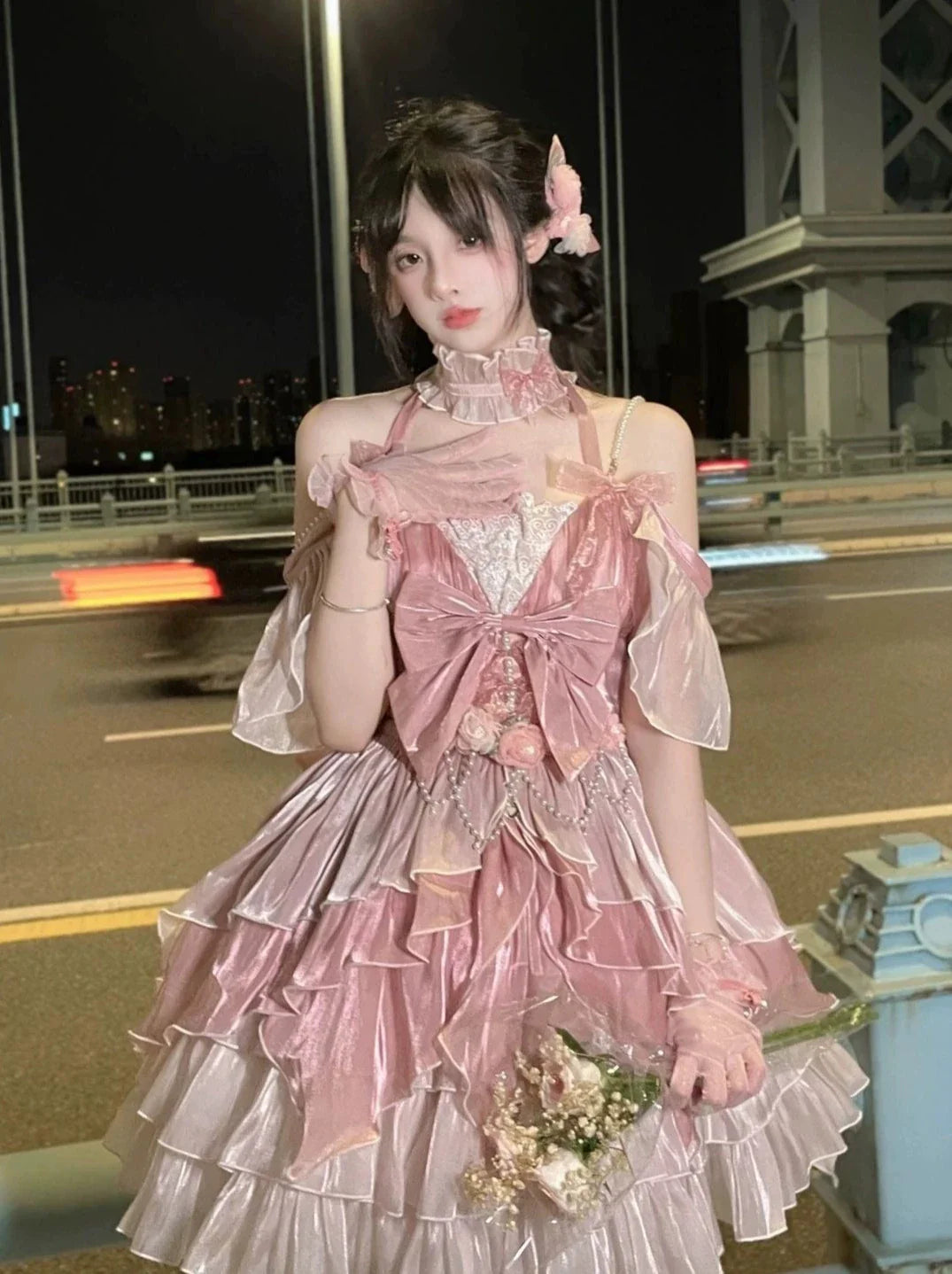 ふわふわのエレガントなピンクのプリンセスドレスフラワーフェアリーセット