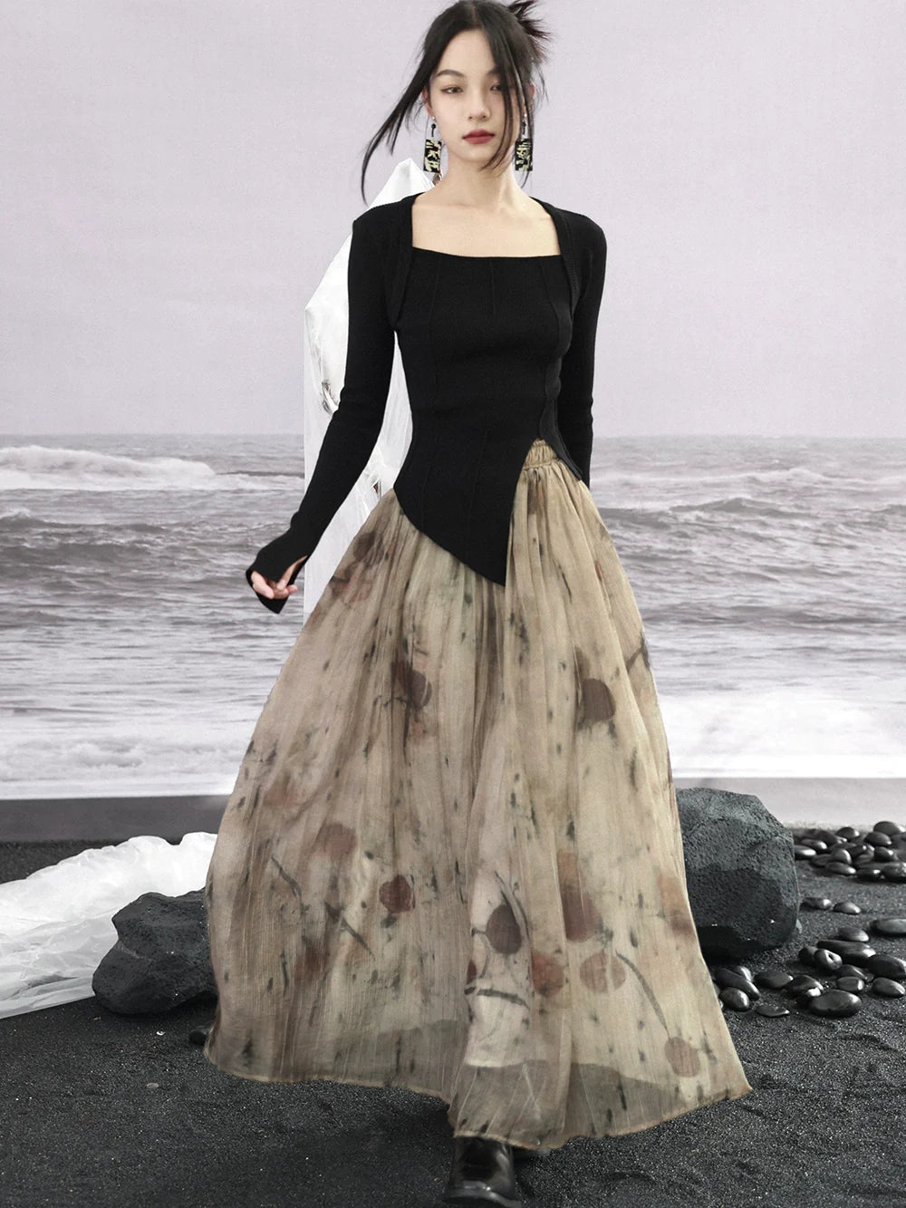 Bottle Slit Square Collar Tops