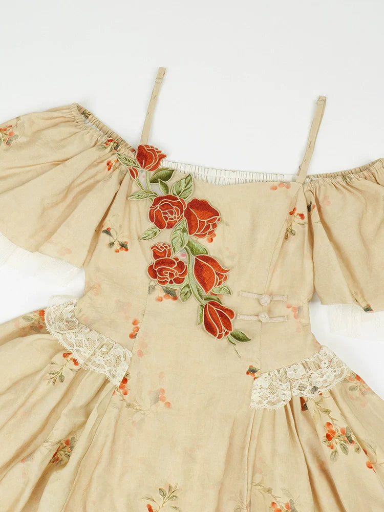 Elegante Träger Quadratischer Kragen Rose Off-the-Shoulder Kleid Unregelmäßig