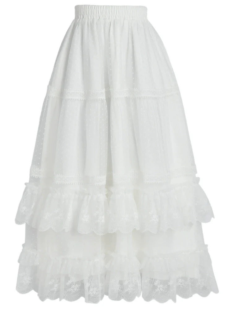 フェアリー風透かし編みニットカーディガン + キャミソールトップス + ロングケーキスカート