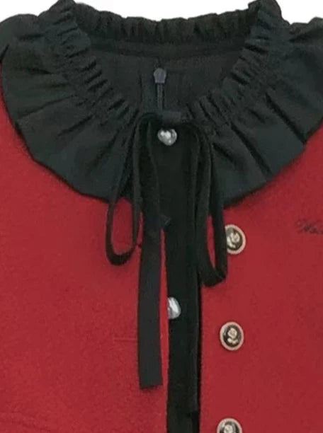 Jacket Red Black Tie Short Suit Elegant Dress Lantern Ruffle Retro + Sleeve Ribbon