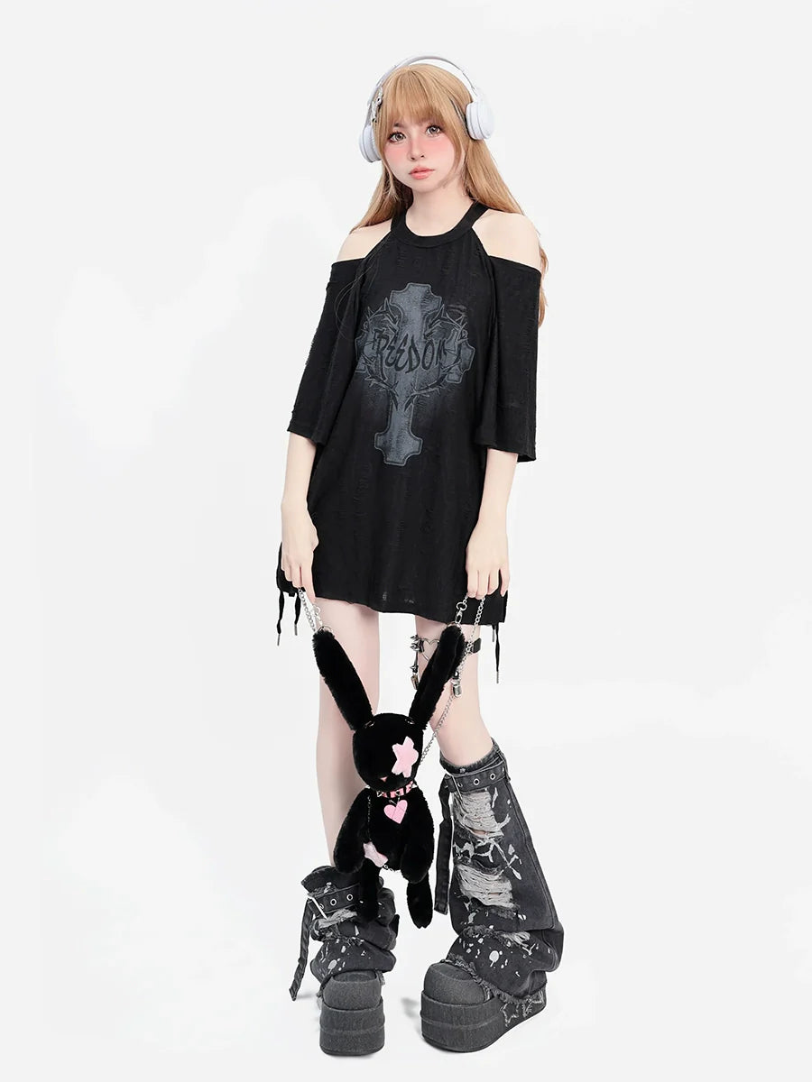 Punk Clip-Long Strand Off-Shoulder T-Shirt Yabi-Way