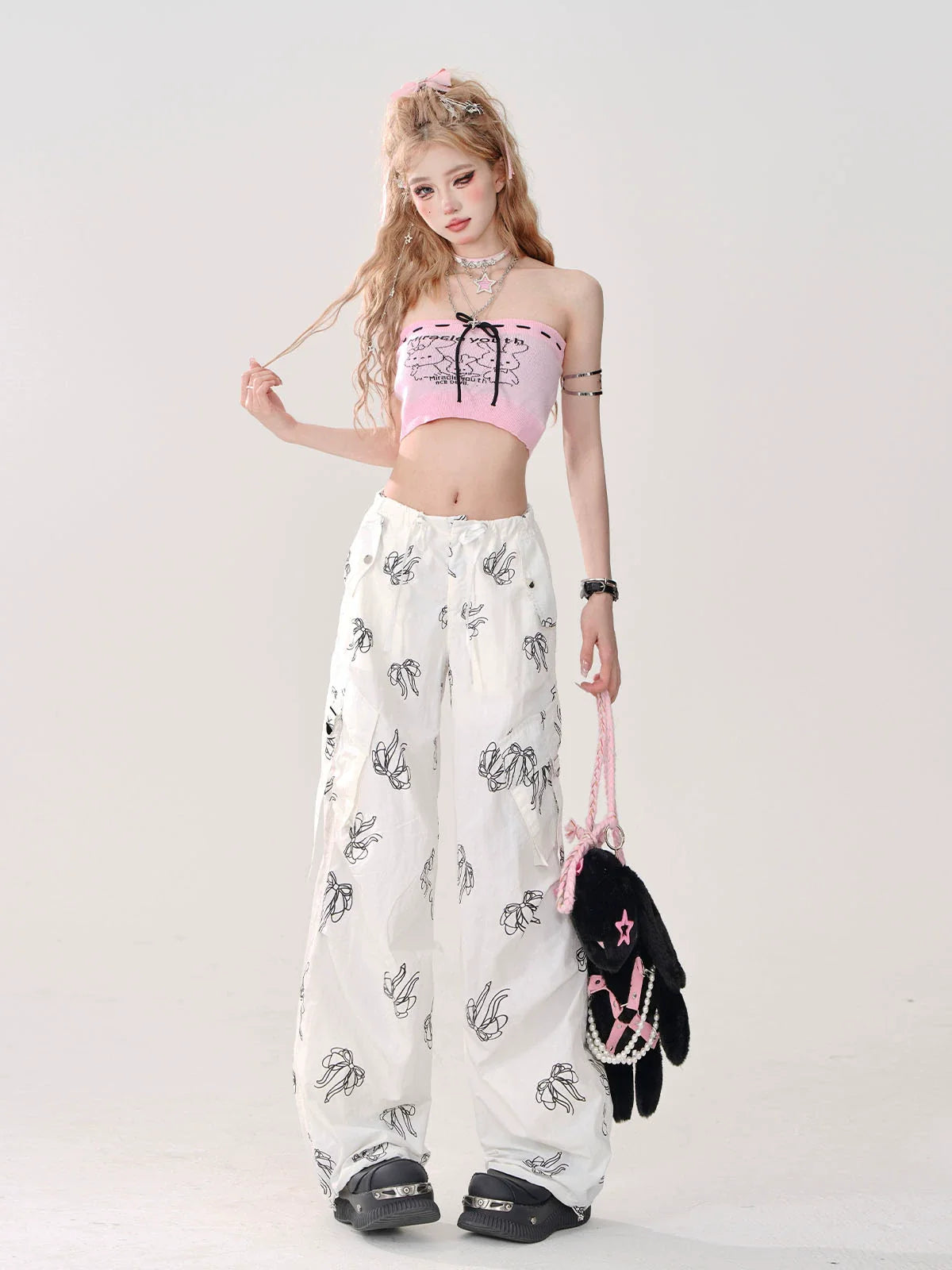 Ribbon Loose Sweet Pants White Print Pocket