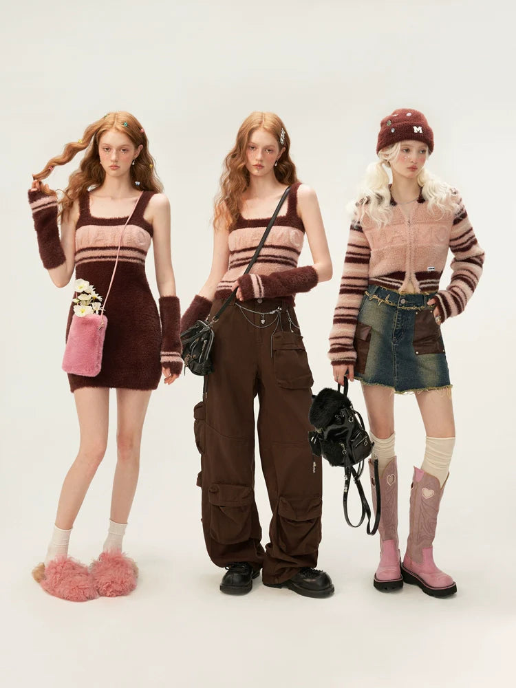 ストライプ柄ダブルウールジッパーカーディガントップス