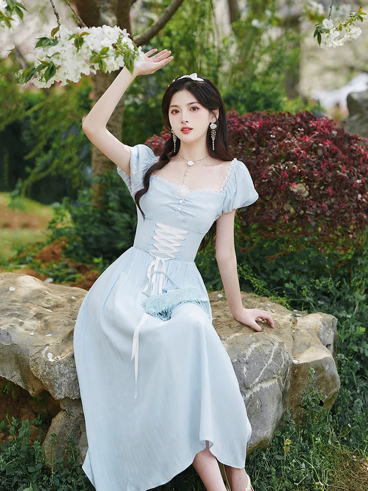 レースアップドレス ウエストネック フランス スクエア T-ブレイク