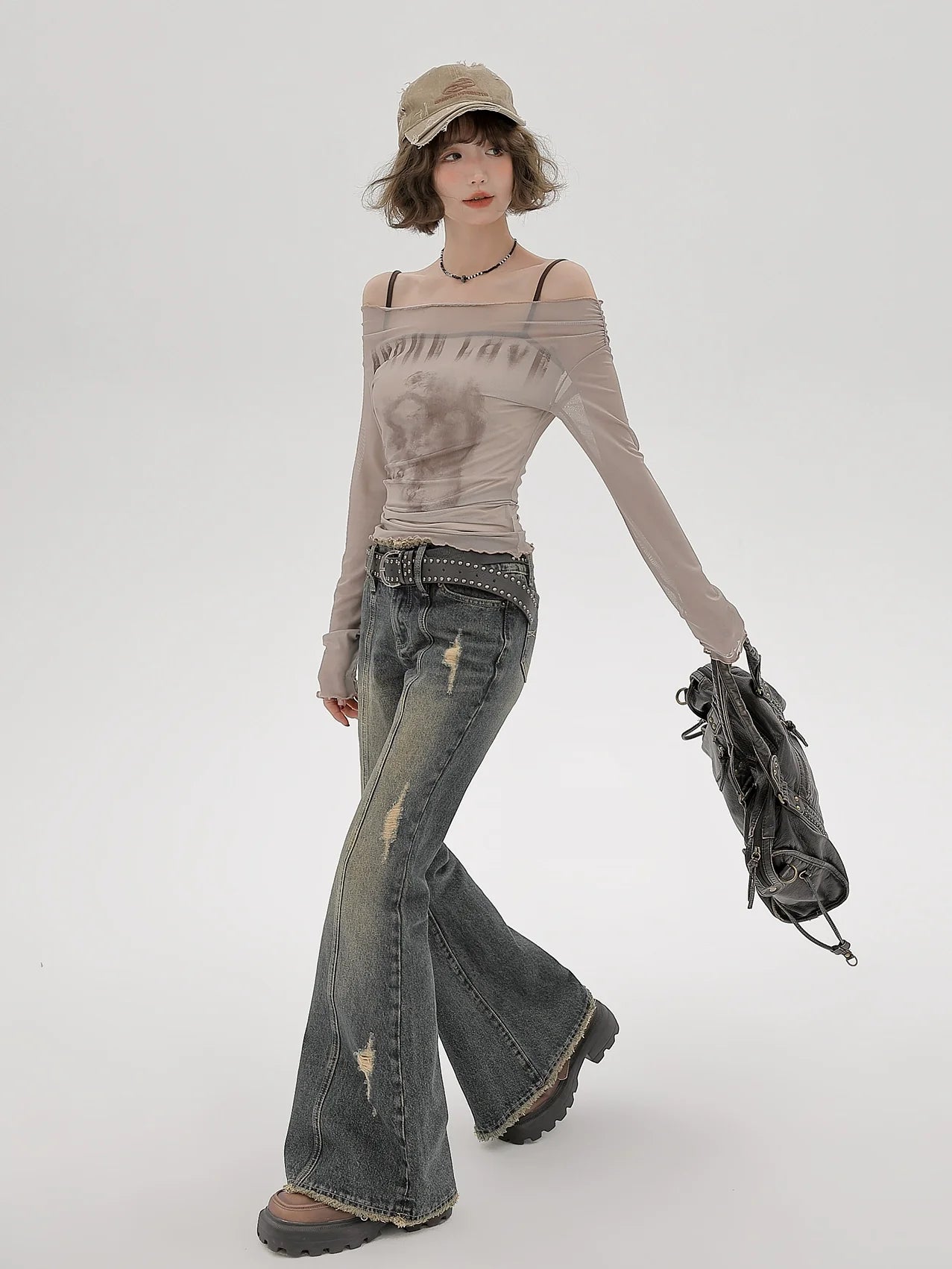 Sheer Inner Camisole Off-the-shoulder Mesh American + T long