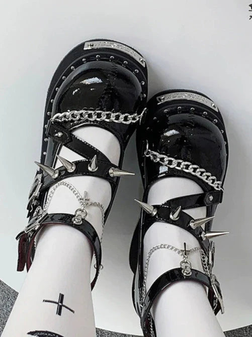 魔女パンクラウンドシューズリベットダークローズプラットフォームトゥ