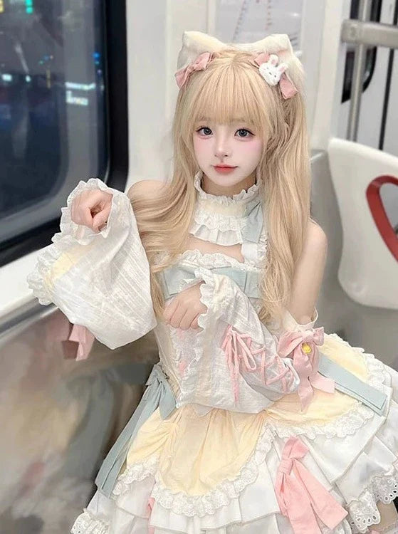 ガーリーなロリータスリーブドレススイートパステルカラー