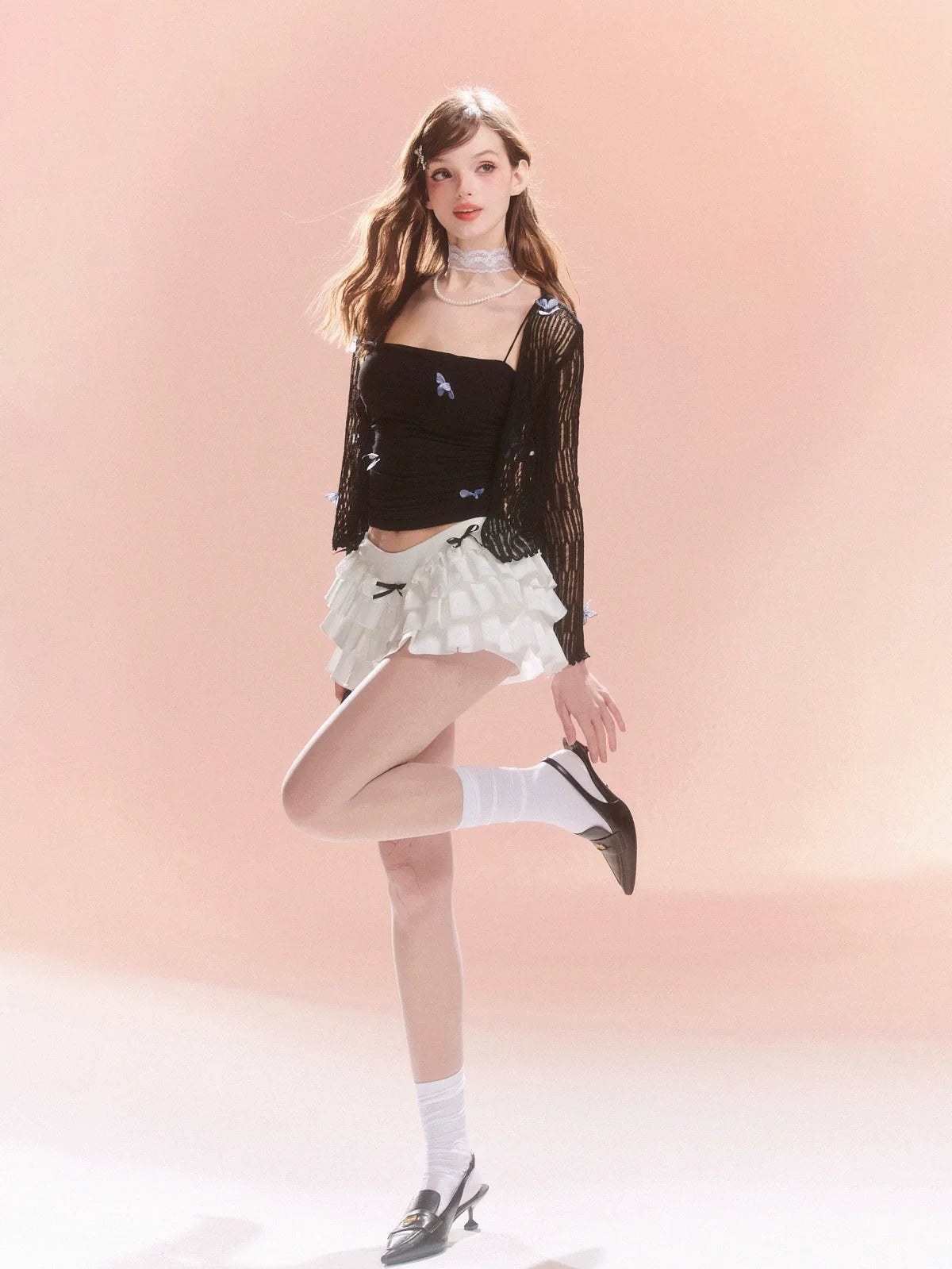 サマー + ブルーカーディガン シアーフラワーキャミソール