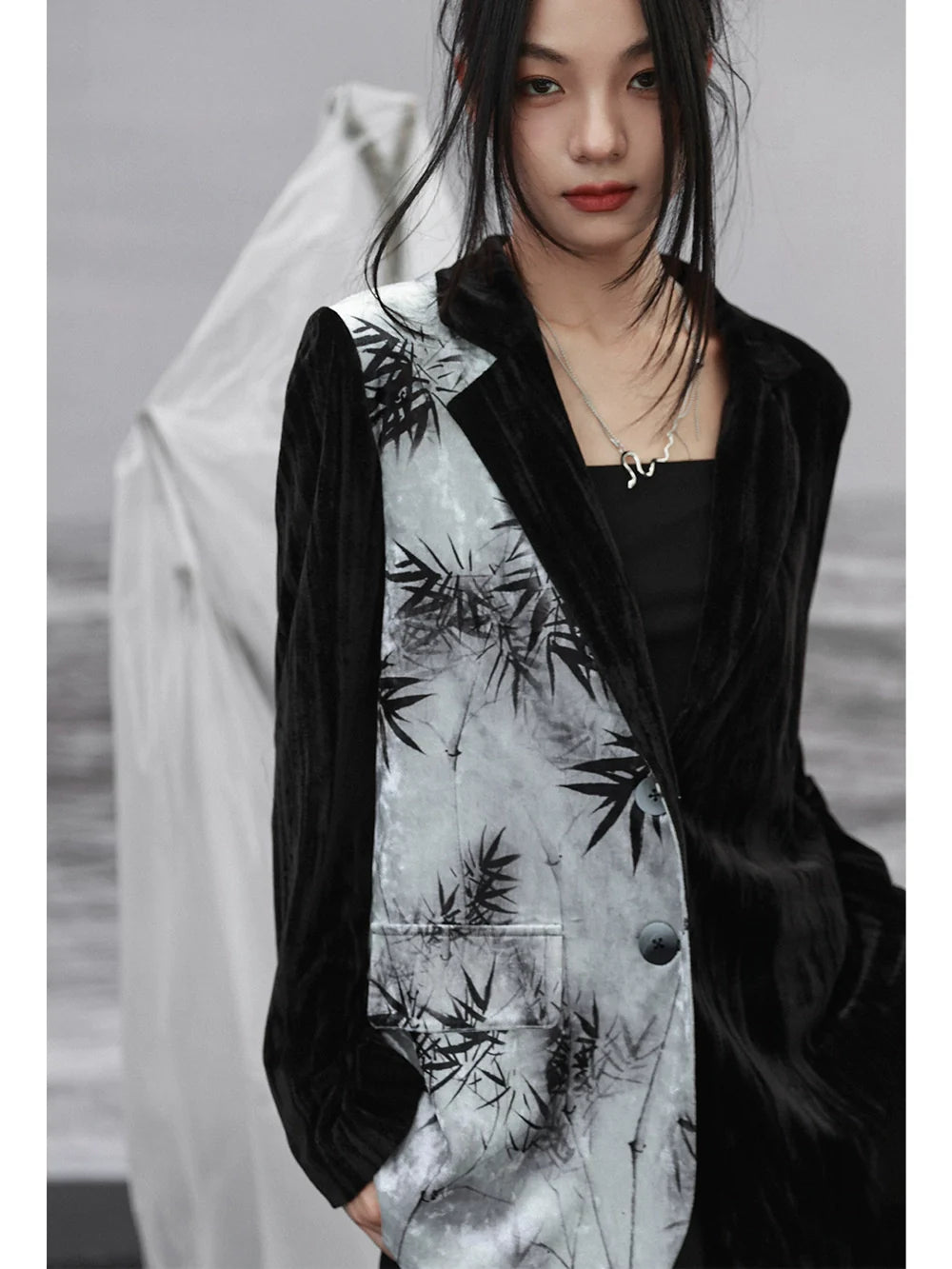 中国プリントジャケット コントラスト竹ベルベットカラースプライシング