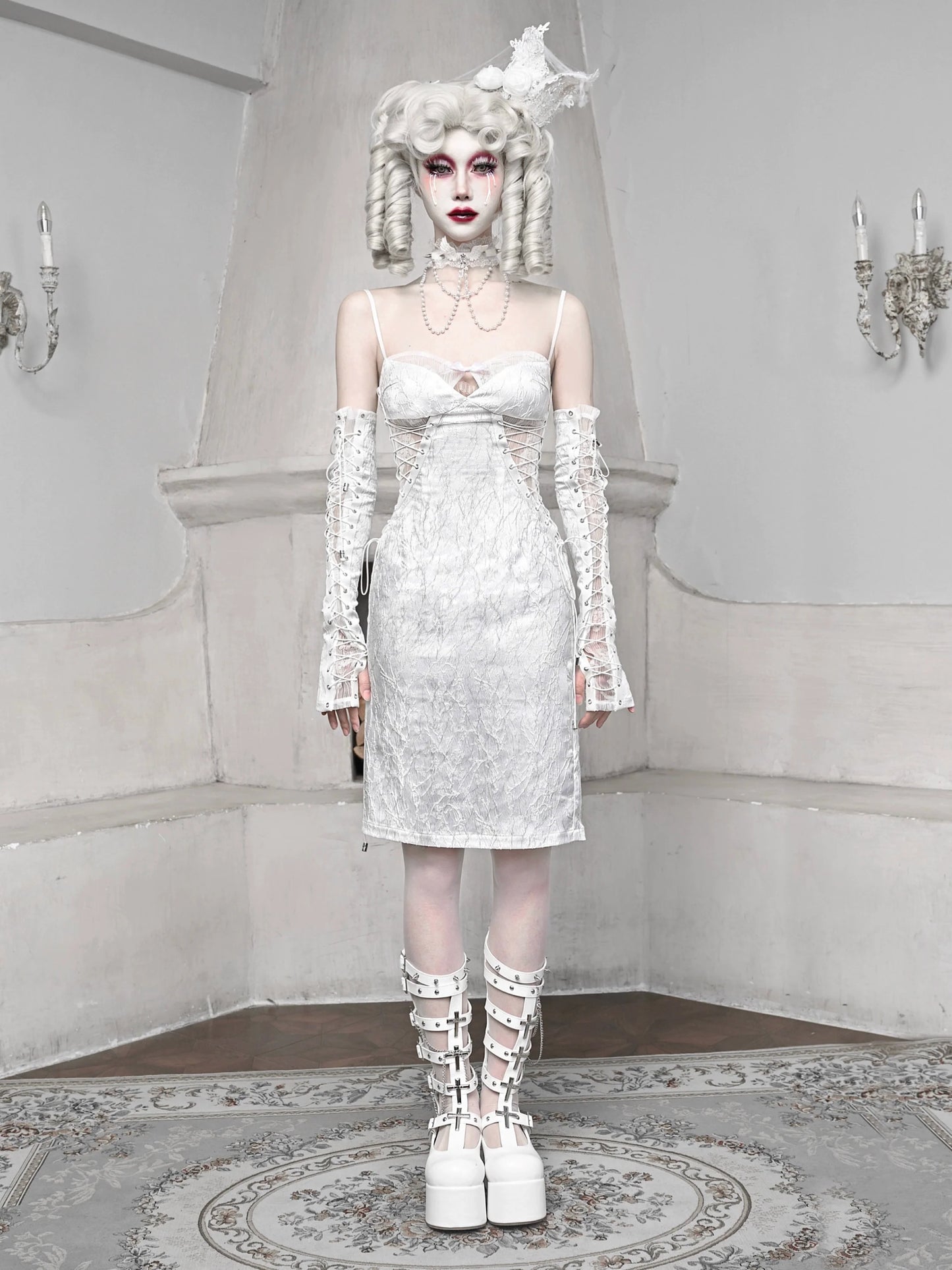 Weißer Träger Schlafender Slim Jacquard Dark Alice Gothic Kleid Hosenträger