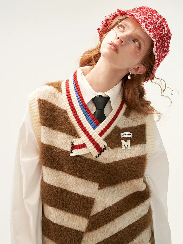 ニットフリース Vネック ストライプ アシンメトリーベスト ファー