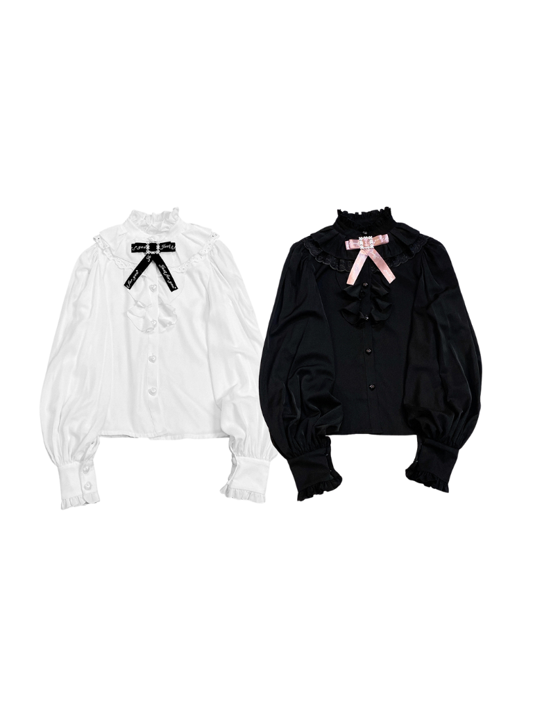 Stand Collar Loose Ruffle Volume Sleeve Ribbon Shirt