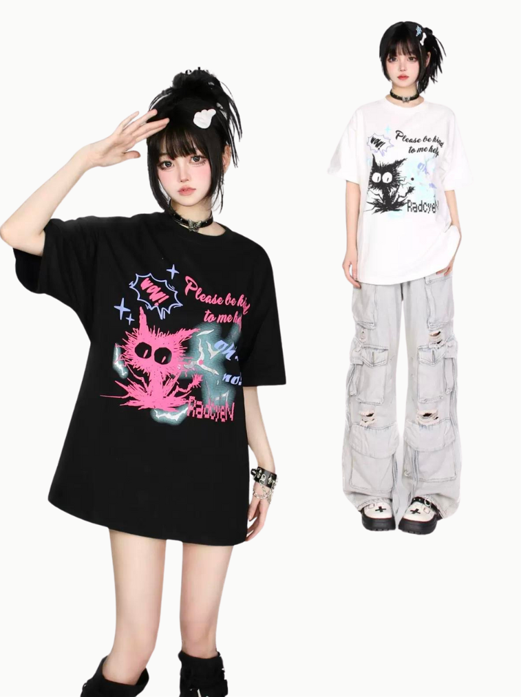 猫Tシャツプリントコントラストカラー漫画
