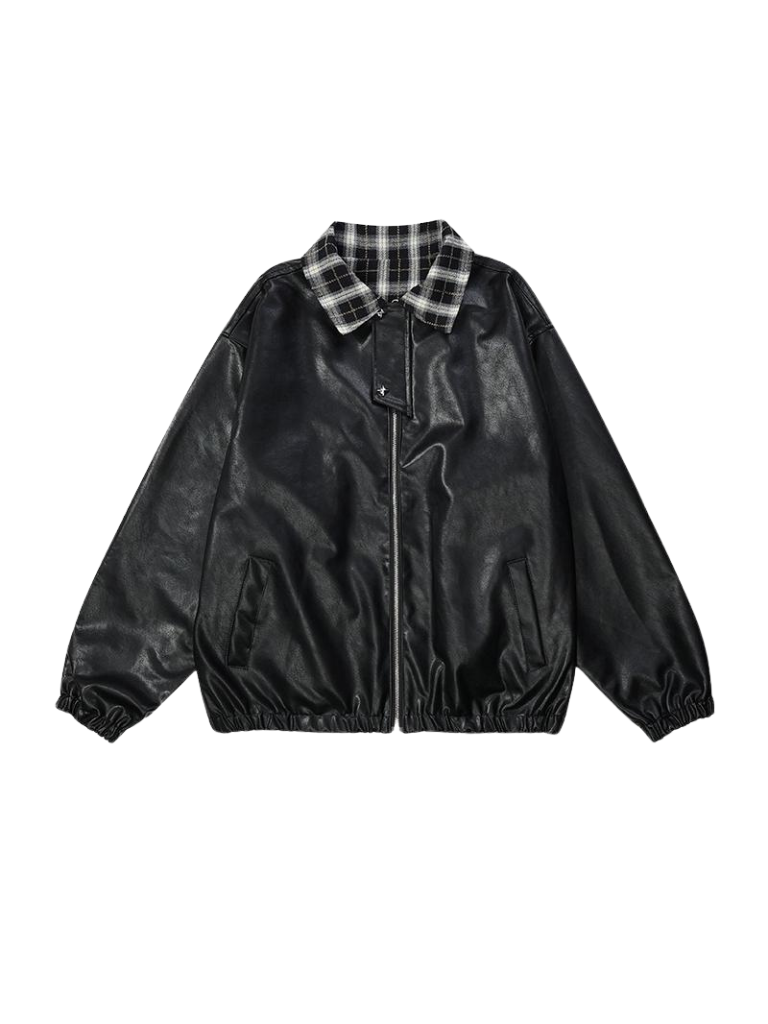 Kragen Check Retro Jacke Leder Lose Amerikanischen