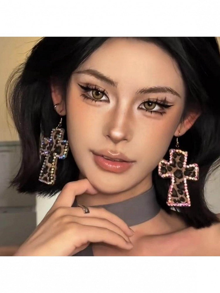 3-Color Y2K Leopard Print Cross Earrings with Rhinestone