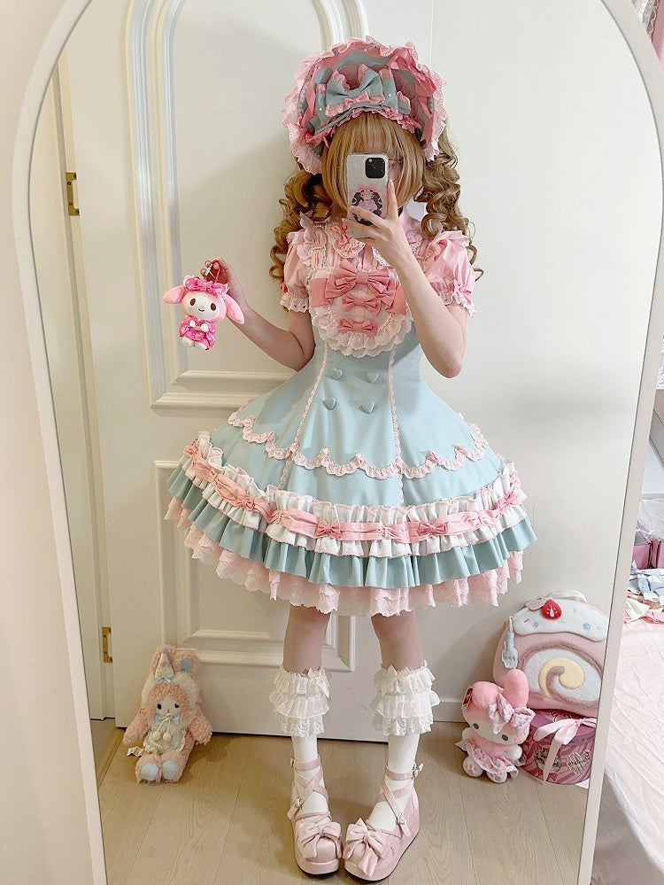 and Hemline Old Pink Decorated Sweet Layered Green Ruffle Bows