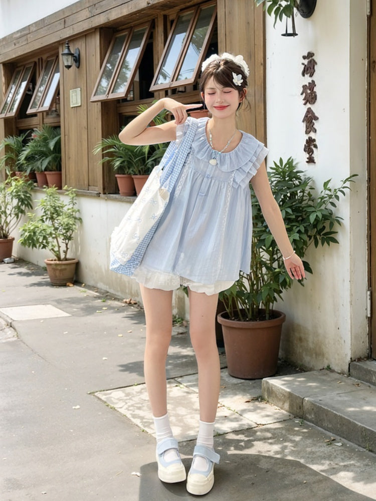 Sweet Tank Top Blue Peter Pan Collar Tiered Flutter Sleeves Bow Buttons