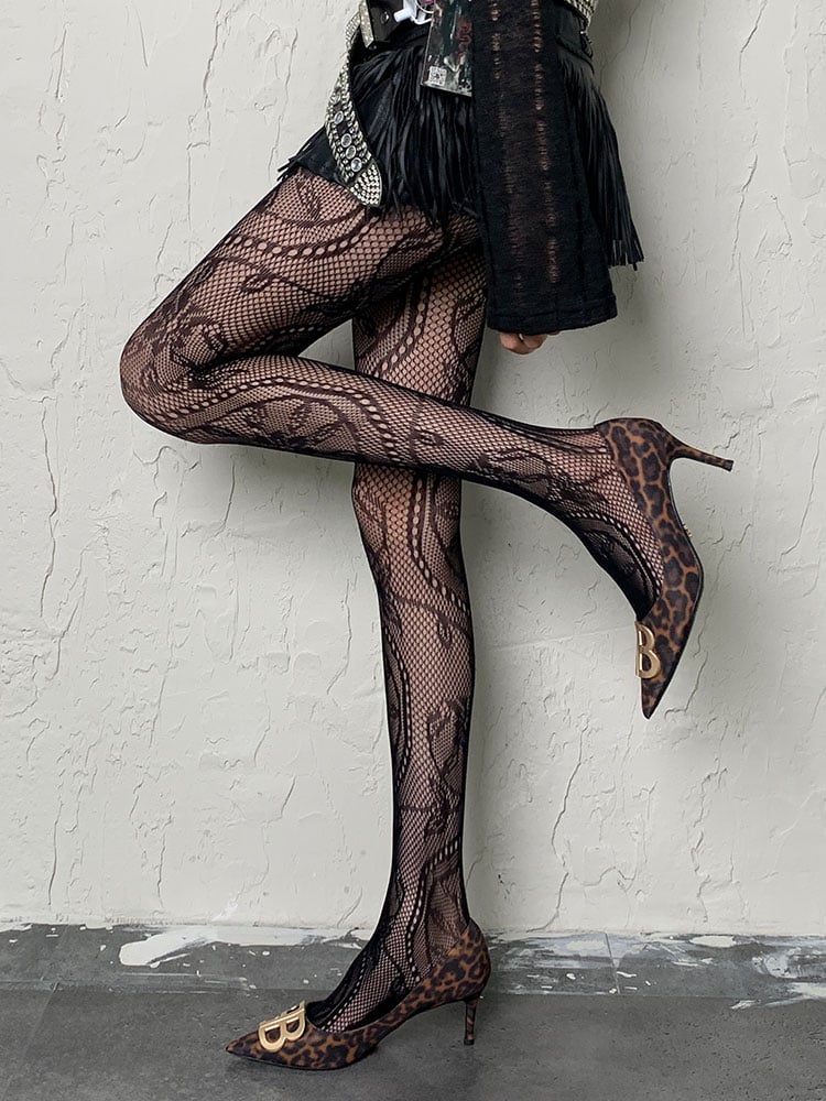 ブラック Y2K 花柄 フィッシュネットタイツ
