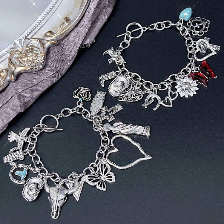 ブレスレット Y2K シルバー/レッド&バタフライクロスハートチャーム