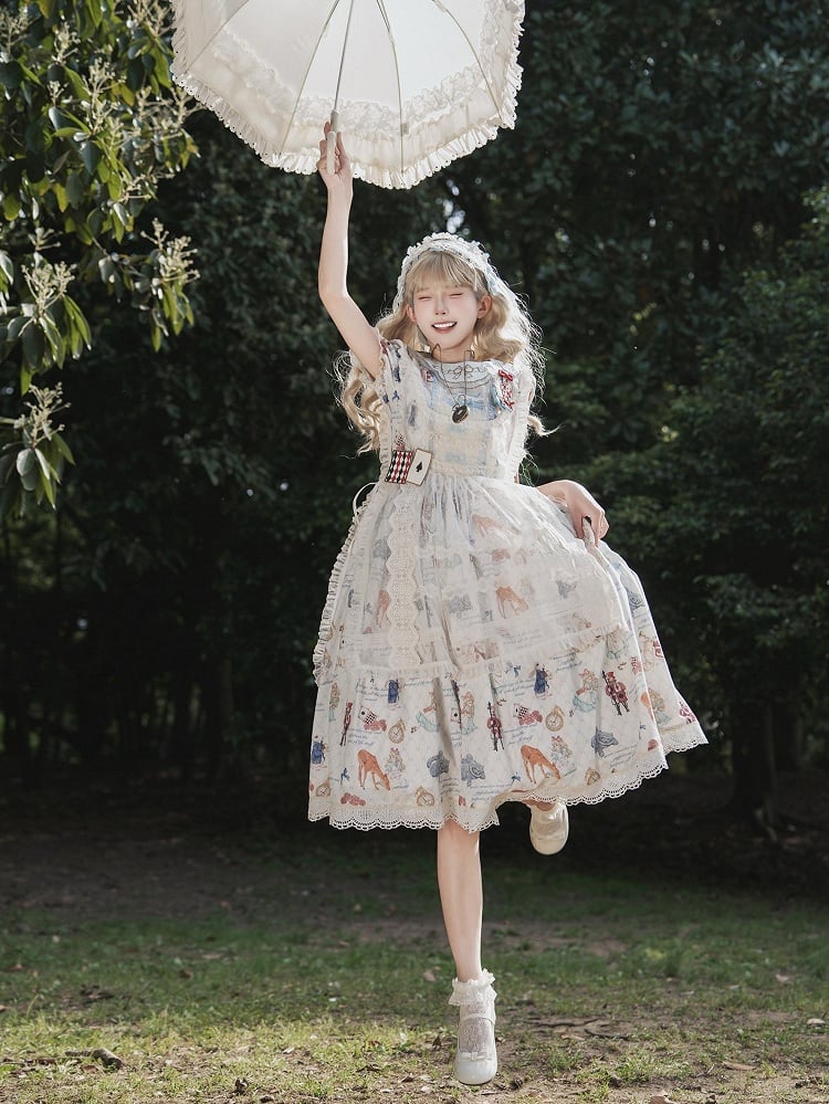 Azure Alice in Wonderland Print Round Neck Sweet Gown with Drawstring Waist - Forest Fairy Tales