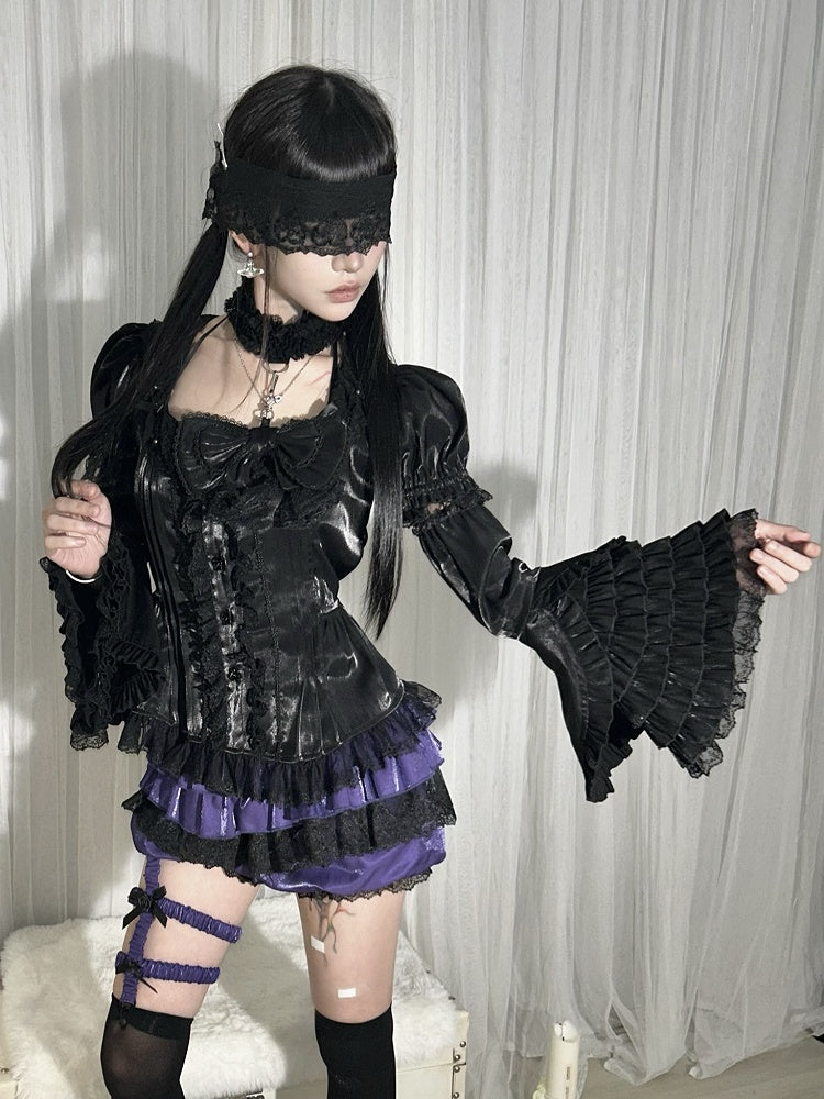 Black Lace-trimmed Sleeves Neck with Puff Sleeve Short Blouse Square