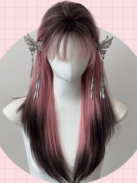 3 Optionen Lange glatte Kunsthaarperücke mit Pony