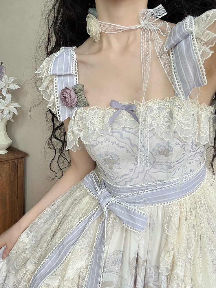 ロリータ フローラルバスケット クラシックジャンパープリントドレス 花とスカート パープル