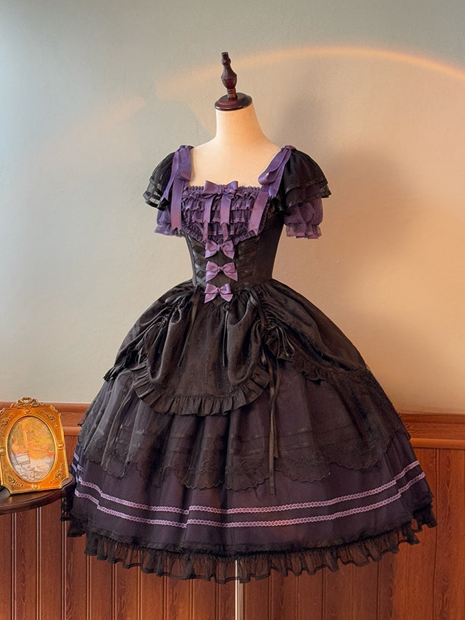 Black and Purple Boned Basque Waist Elegant Under Bust Classic Lolita Jumper Skirt
